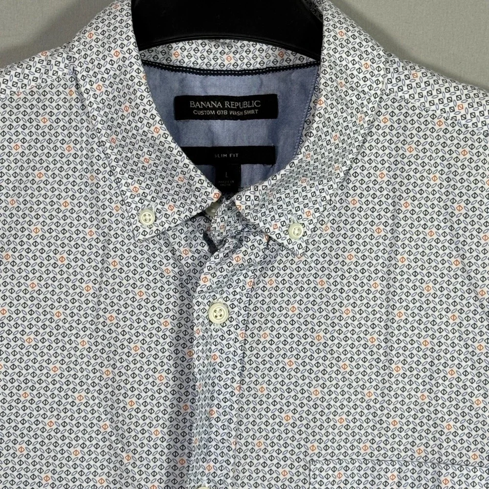 Banana Republic Button‎ Up Shirt Men's Large Slim Fit Blue Geometric Cotton